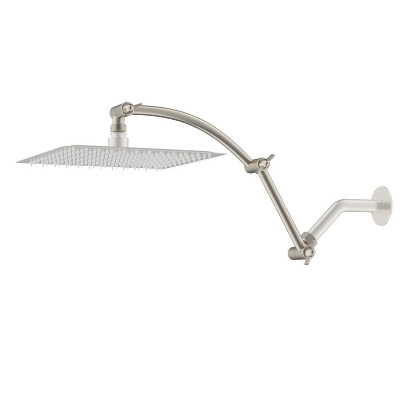 Hibbent Shower Head Extension Arm,16" Solid Brass Adjustable Extender with Lock Joint, Standard 1/2", Rise or Lower Rainfall and Fixed Shower Head,Height/Angle Adjustable Extension Arm, Brushed Nickel 16 Inch