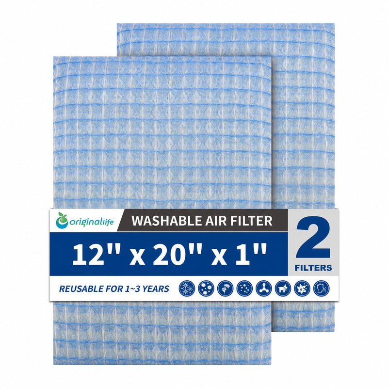 Originallife Washable Reusable HVAC | AC | Air Conditioner | Furnace Air Filter Replacement MERV 11, 2-pack (12x20x1) 12x20x1