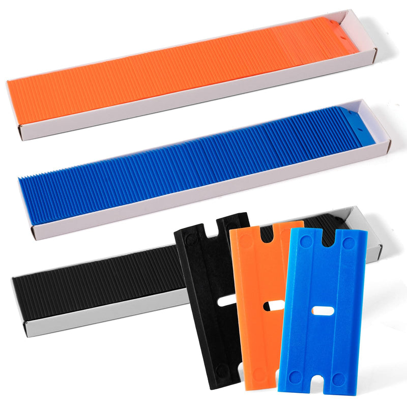 NEWISHTOOL Plastic Blades, Double Edged Plastic Blade, 300 PCS Replacement Blades Fit for Plastic Scraper and Safety Glass Scraper w/Standard Plastic Blades to Remove Label, Decals & Adhesive Residue Orange+black+blue