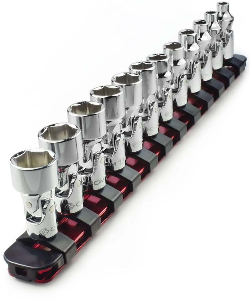 CROM Universal Flex Socket Set - 1/4 Inch Drive 6-Point 12-Piece Swivel Socket Set from 5mm to 15mm Metric - Swivel Joint for Easier Access to Tight Spaces - Aluminum Storage Rail Included 1/4" Dr. - 12PCS - Metric