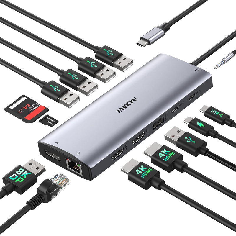 USB C Docking Station 3 Monitors 4K@60Hz, 14-in-1 Laptop Docking Station with 2 HDMI 4K@60Hz, DP 8K@30Hz/ 4K@144Hz, 3 USB 3.0, 2 USB 2.0, RJ45, Audio, PD 100W, USB-C HUB for Windows Laptop Accessories 4K HDMI+4K DisplayPort