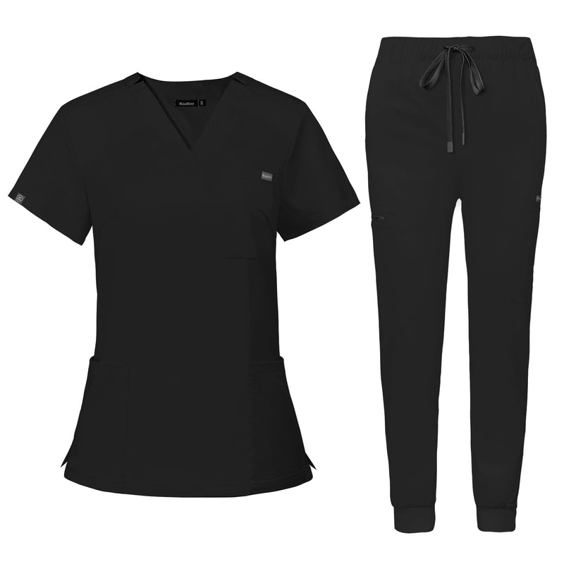 niaahinn Women's Scrub Top with Classic V-Neck & Yoga Jogger Pants Medical Nursing Uniform Set Medium Black