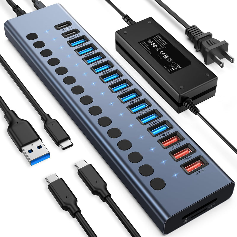 Powered USB Hub 10Gbps, 17 Ports 96W USB 3.2 Hub(10 USB-A 3.2 Ports+3 QC 24W Fast Charging Ports+2 USB-C 3.2 Ports+SD/TF Card Reader), 12V/8A Power Adapter for Laptop, PC, Computer, HDD,Flash Drive Gray
