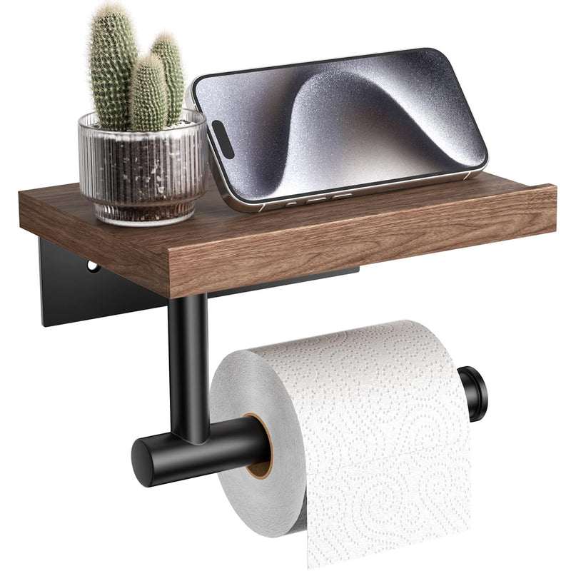 Tindbea Toilet Paper Holder with Wood Shelf, Wooden Wall Mount Tissue Paper Roll Holder, Matte Black Stainless Steel Bathroom Accessories Decor Household Home Apartment Restroom Essentials (Walnut) Walnut &Matte Black Walnut Wood