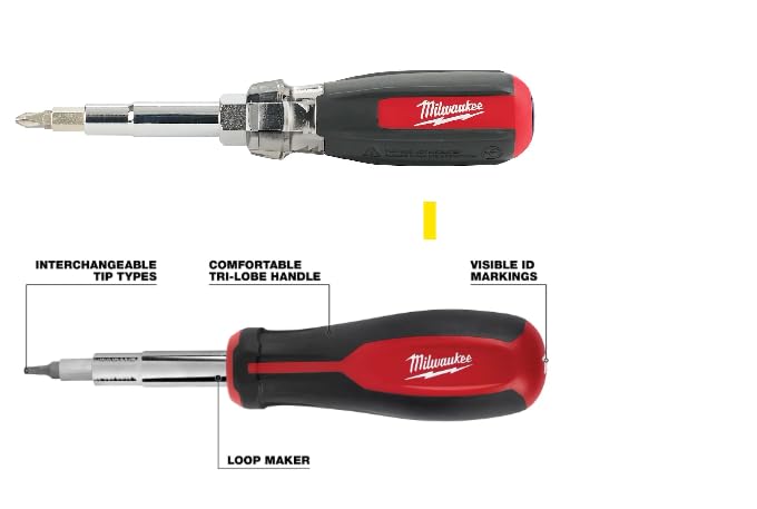 Milwaukee 11-in-1 Multi-Tip Screwdriver with Square Drive Bits and 13-in-1 Multi-Tip Cushion Grip Screwdriver Sets (48-22-2880-2761), Red (‎48-22-2302-2880-2761)
