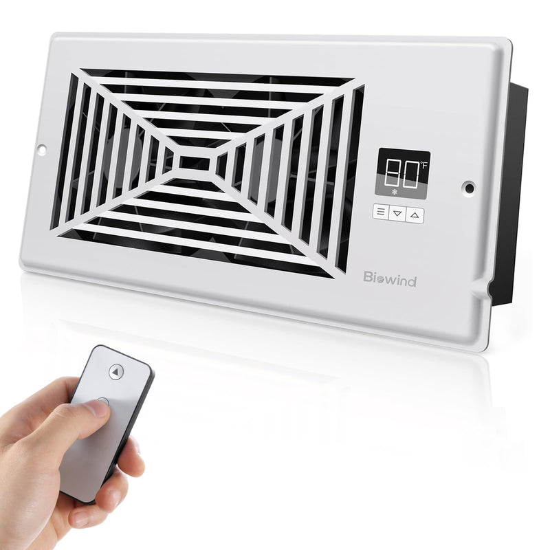BIOWIND Quiet Register Booster Fan Fits 4" x 10" Register Holes, 10-Speed Smart Heating Cooling AC Vent Fan with Remote Control and Thermostat Control - White 4" x 10"