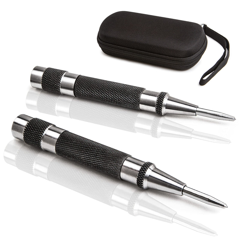 ALLY Tools Heavy Duty Automatic Center Punch w/Hardened Steel – 2PC Premium Automatic Center Punch for Metal for Machinists and Carpenters w/Adjustable Knurled Cap, Spring Loaded and Hard-Shell Case