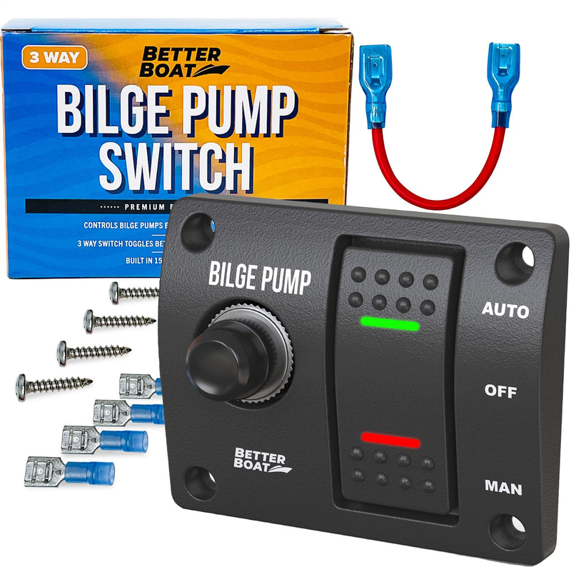 Bilge Pump Switch, 3-Way Panel with 12V LED Lights, Rocker Switch for Manual and Automatic Operation, Compatible with Auto Bilge Pump and Float Switch, Marine Grade for Boats