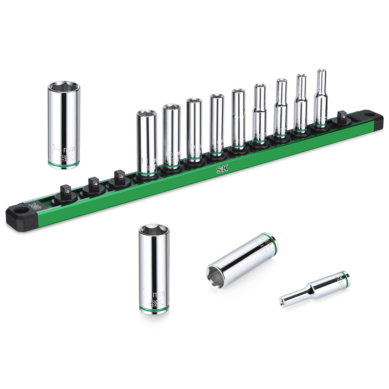 SK 1/4" Drive Socket Set, Deep Metric Sockets, 13-Piece 4-14 mm, SuperKrome Finish, Premium CR-V Construction, with Aluminum Socket Organizer