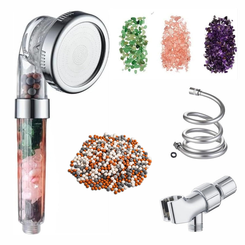 MineralStream Chakra Showerhead Kit with Replacement Beads + Natural Therapeutic Crystals + Shower Arm Diverter + 1.5m Hose | For Luxurious Spa like Experince Chakra Showerhead Full Kit