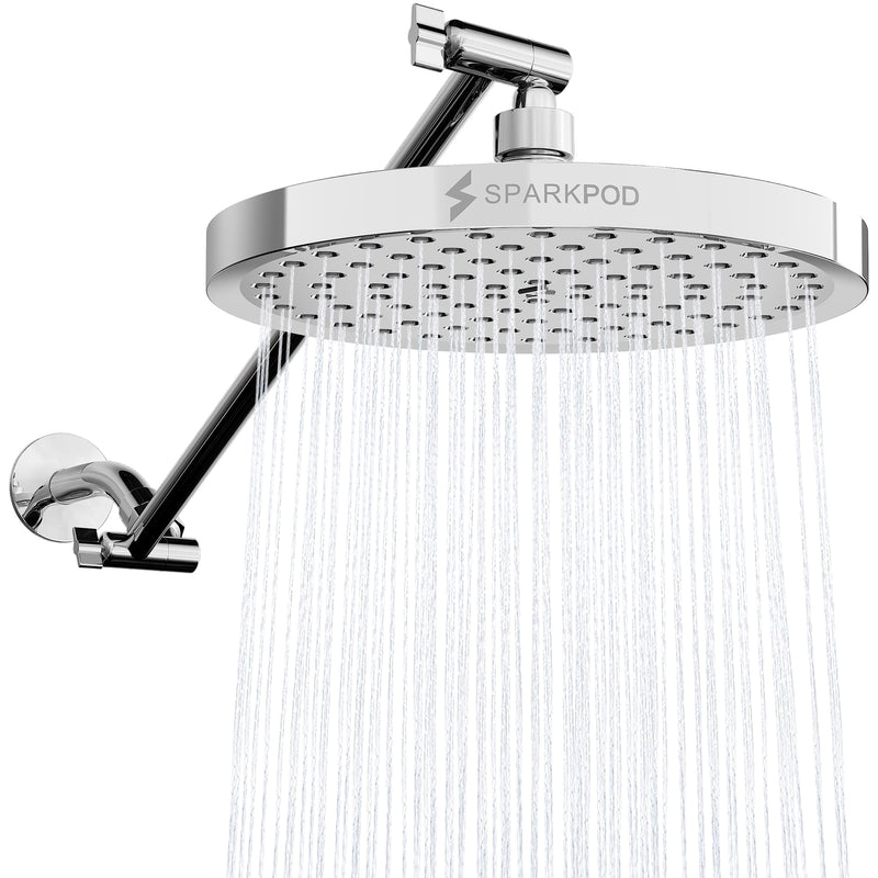 SparkPod Round Rain Shower Head with Extension Arm - Height Adjustable Shower Head with High Pressure Performance - Easy 1-Minute Installation (8" Round, Luxury Polished Chrome) 1. Luxury Polished Chrome Round 8" 16" Arm