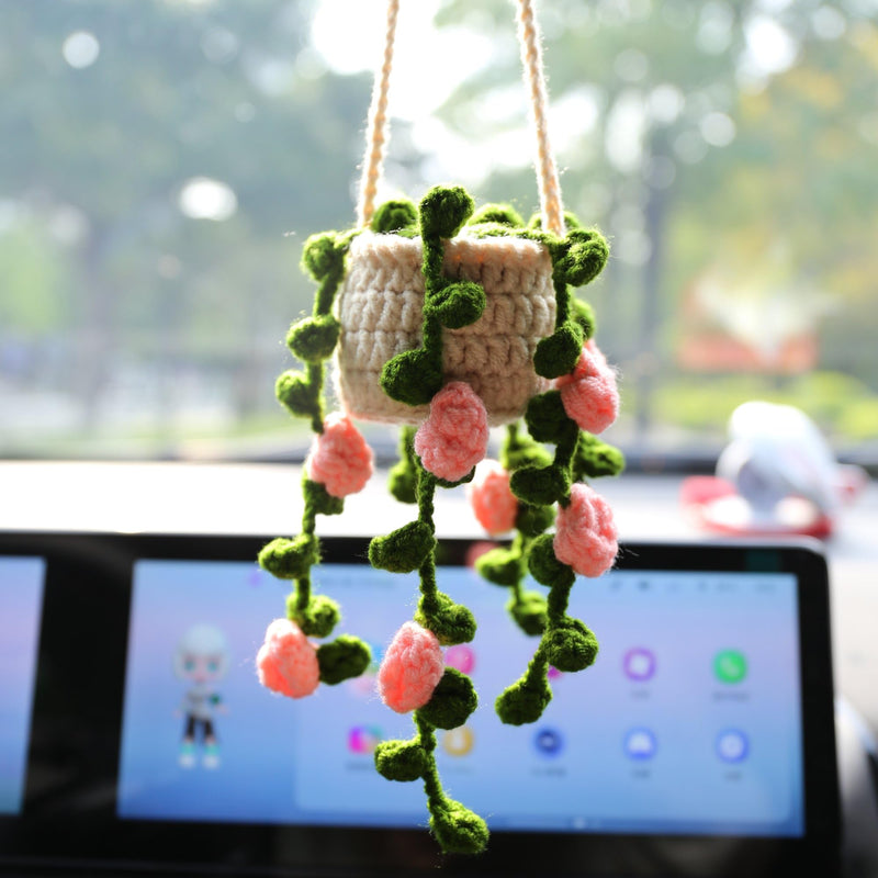 GZPCXMZ Boho Car Plant Crochet Hanging Accessories Crochet Plants for Car Rear View Mirror Cute Car Pink Plants for Women (002)