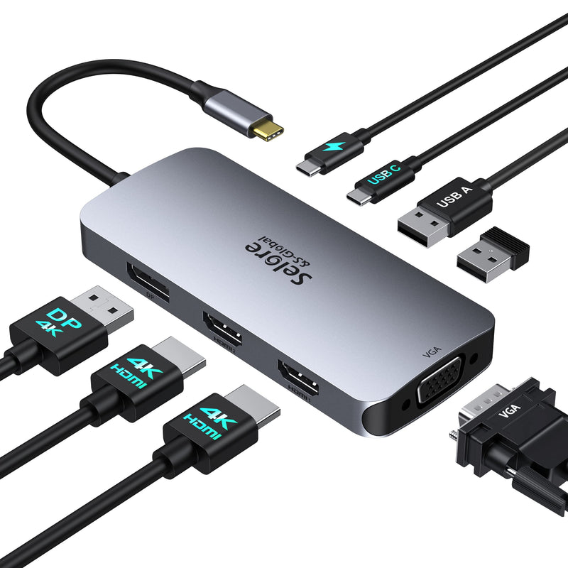 Selore USB C Docking Station Dual HDMI Monitor Adapter USB C Hub 3 Monitors | Triple Monitors Quad Display with Dual HDMI, DP, VGA, 100W PD Charging, 3USB 2.0, USB C Dock Dongle for Dell XPS HP Lenovo 8-in-1 Dual 4K HDMI+DP+VGA
