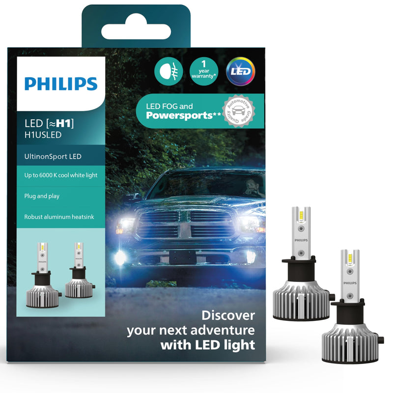 Philips UltinonSport H1 LED Bulb for Fog Light and Powersports Headlights, 2 Pack Clear