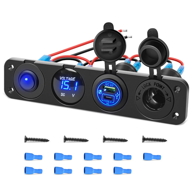 Nilight 4 in 1 ON/Off Charger Socket Panel PD Type C and QC 3.0 USB Power Outlet LED Voltmeter Cigarette Lighter Rocker Toggle Switches for Truck Car Boats RV Type C + USB Blue