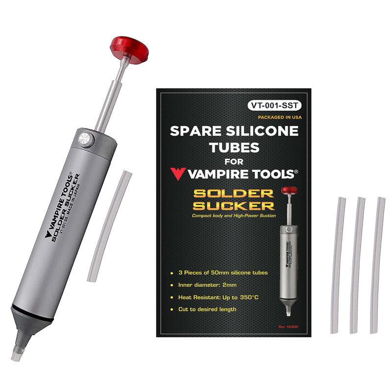 Vampire Tools Solder Sucker Desoldering Pump + 4 Spare Silicone Tubes. Made in Japan. Heat Resistant Silicone Nozzle (max. 350℃). Non Clogging, High-Power Suction. Solder Sucker + 4 Spare Silicone Tubes