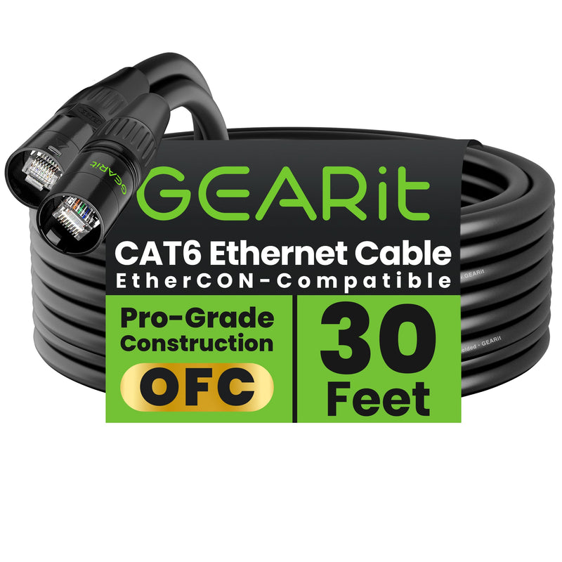 GEARit Shielded CAT6 Ethercon Cable (30 Feet) Professional Audio & Lighting RJ45 EtherCON-Compatible Cable for Studio, Stage, Concerts - 30ft Black 30 Feet