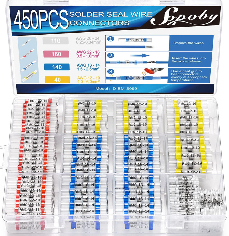 450PCS Solder Seal Wire Connectors, Self Soldering Heat Shrink Butt Connector Solder Sleeve Waterproof Insulated Electrical Butt Splice Wire Terminals for Marine Automotive Boat Truck 450PCS