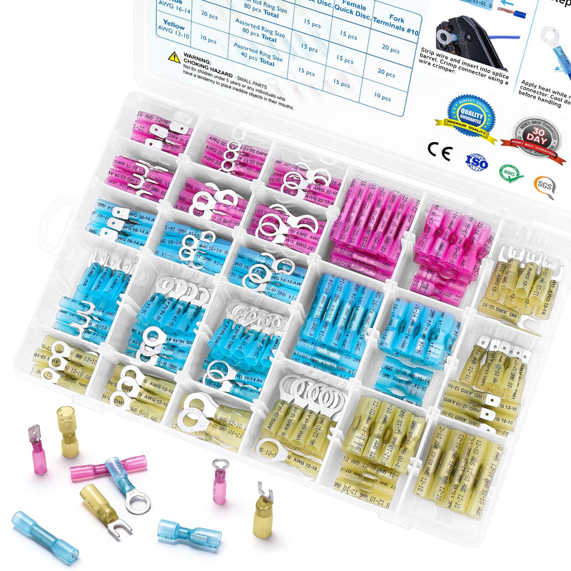 TICONN 400Pcs Heat Shrink Wire Connectors, Waterproof Automotive Marine Electrical Terminals Kit, Crimp Connector Assortment, Ring Fork Spade Butt Splices 400PCS Combo