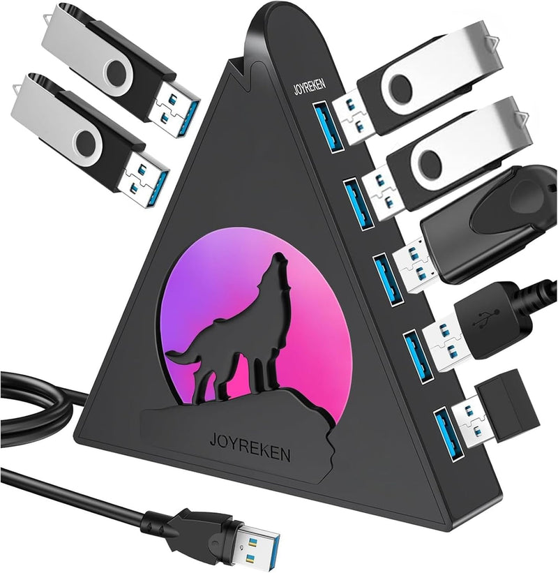 7-Port USB 3.0 Hub, Vertical USB Hub Splitter with RGB Lighting,5Gbps High-Speed Data Transfer and 2FT Extension Cable, Compatible with PC, MacBook, Laptop, PS5, Xbox, Flash Drive, Printer Black