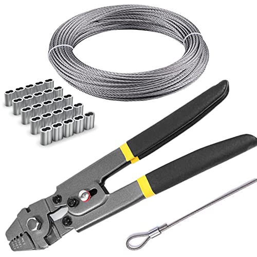Stainless Steel Wire Cable Crimping Tool Kit, Cutter &Crimper Plier, 100FT 304 Wire Rope, 100pcs Aluminum Sleeves Stops Complete Kit (1/32'' Stainless Steel Cable Kit) 1/32'' Stainless Steel Cable Kit