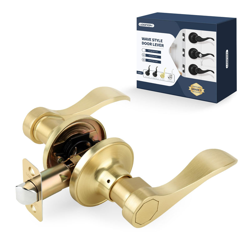 Wave Style Door Lever, Brushed Gold Passage Door Handle, Keyless Gold Interior Lever Reversible for Left/Right Handed for Hallway and Closet with Satin Brass Finish, 1 Pack Passage (No Lock & keys)