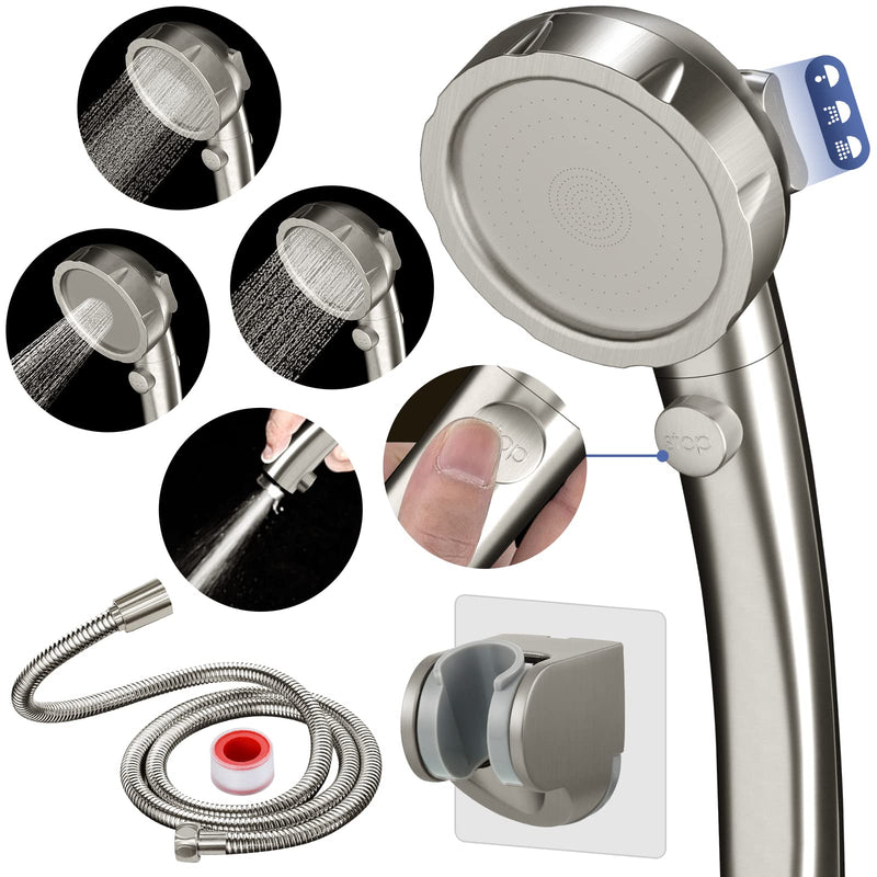 HANLIAN High Pressure Shower Head with Pause Button, 3 Spray Modes Shower Head for RV Camper, Water Saving On Off Shower, Handheld Shower Head with Hose and Self-adhesive Holder (Brushed Nickel) Brushed Nickel