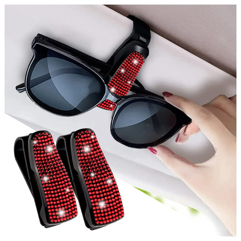 Turcee Set of 2 Bling Rhinestone Car Sun Visor Glasses Holders with Anti-Scratch Sponge,Car Decoration for Women Girls,Ticket Card Clip Visor Organizer,Universal Rhinestone Car Accessories (Red-2pcs) Red-2pcs