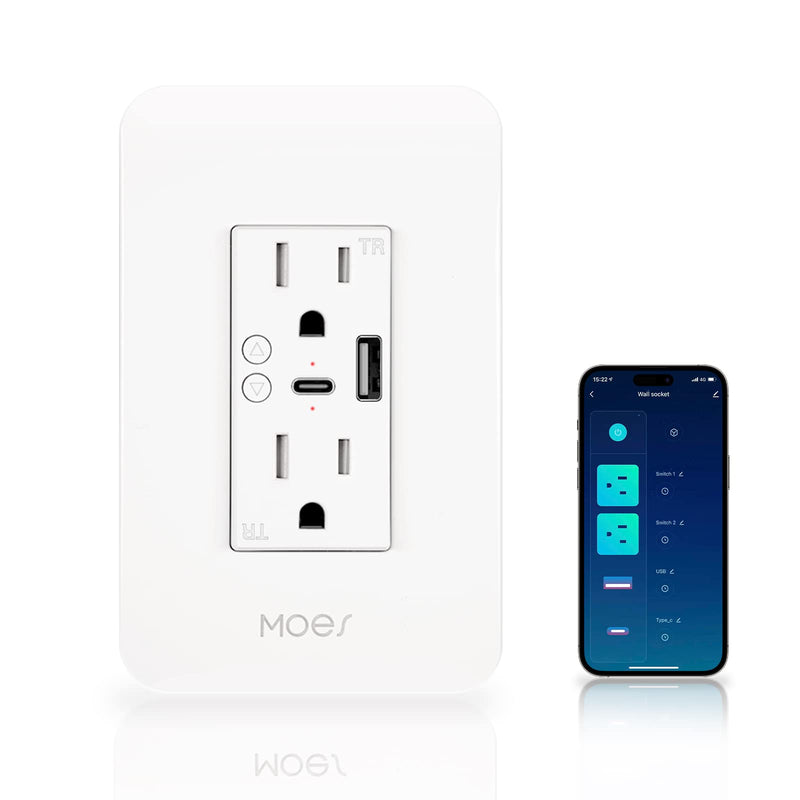 MOES Smart USB Wall Outlet Receptacle with Type-C & Type-A Charger, 2.4GHz Wi-Fi in-Wall Plug Socket, Remote Individual Control On/Off 15Amp, No Hub Required USB & Type-C Outlet 1 Pack