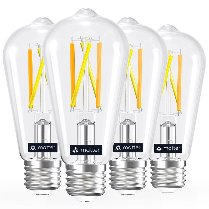 Linkind Matter Smart Light Bulb, ST19 (ST58) Smart Edison Bulbs, 2700K-6500K Warm White to Daylight E26 LED Bulb 8W 60W 800LM, Work with Alexa, Google/Apple Home, SmartThings, 2.4GHz WiFi, 4 Pack 4 Pack Matter