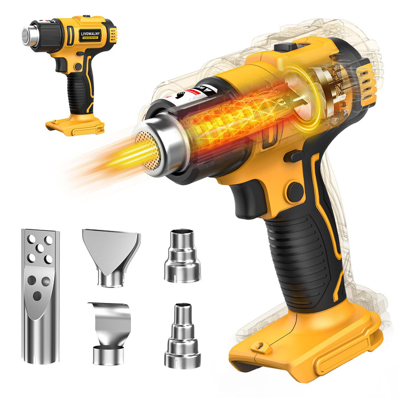 LIVOWALNY Cordless Heat Gun Compatible with Dewalt 20v Battery (Tool Only), 350W Fast Heating Soldering Hot Air Gun 122℉-1022℉ Variable Temperature Control with 5 Nozzles for DIY Craft, Shrink Tubing HeatPro Core Yellow -De