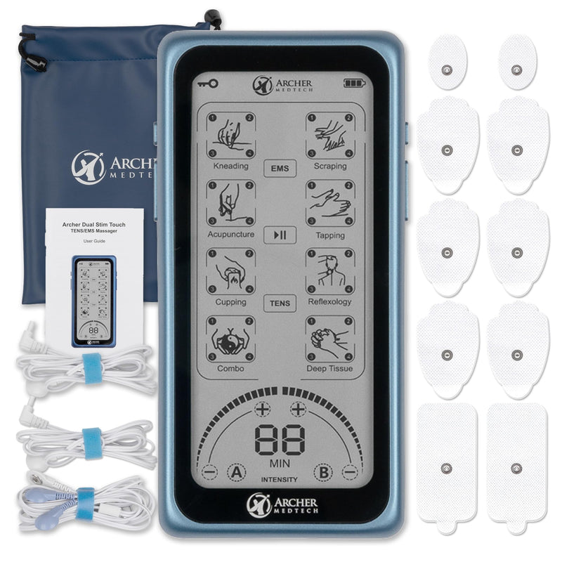 Dual Stim Touch TENS/EMS Unit – Rechargeable Touchscreen Muscle Stimulator with Dual Output Ports and 32 Massage & Stimulation Modes – Durable, Portable, Professional Quality Device