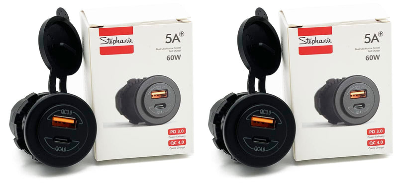 12/24V Socket Dual USB Type C PD 3.0 (60W) + USB A (36W) Fast Charger for Car, Boat, Marine & RVs (2-Pack)