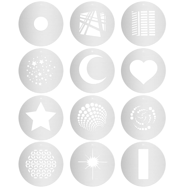 12pcs/Set Round GOBO Kit,2.3" Metal Plate with Hollow Patterns for Optical Conical Snoot to Create Different Lighting Effects
