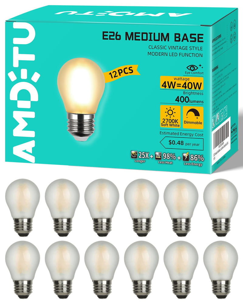 AMDTU Vintage E26 LED Edison Bulb 40W Small Globe 2700K Soft White Frosted Dimmable 40 Watt Warm G45 Medium Standard Base Bulbs Ideal for Home Lighting Fixtures Create Cozy Ambiance in Bedrooms 4w=40w 2700k Soft White 12 Count(Pack of 1)