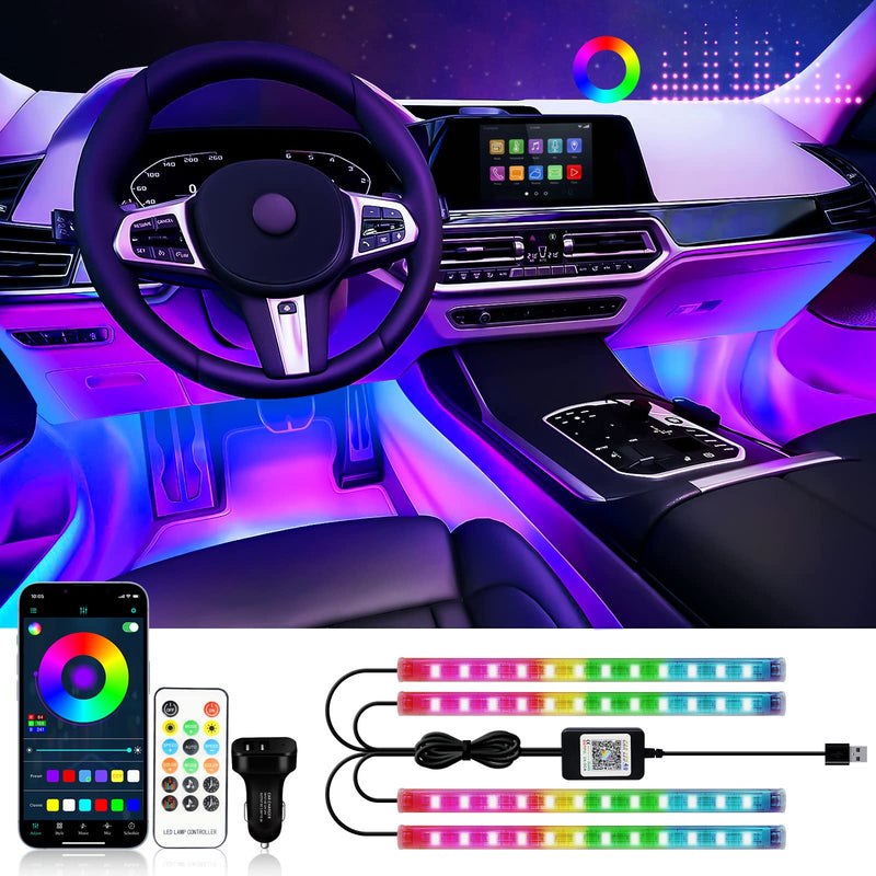 RGB Interior Car Strip Lights with Smart APP Control, Music Sync Under Dash Footwell Neon Internal Lighting Kit Multicolor,12V LED Strip Lights for Cars, Trucks, SUVs with Car Charger(1 Set) 1IN4 Interior Lights 48SMD(4 Lines Design)