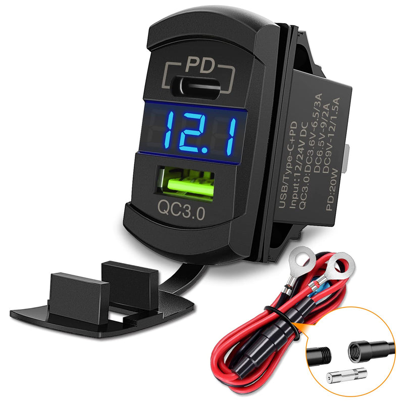 Nilight Rocker Switch Style USB Outlet LED Voltmeter Quick Connector 12V PD Type C and USB QC 3.0 Cars Replacement with Inline Fuse for Switches Panel on Boats RV Truck Car Type C + USB Voltmeter Blue