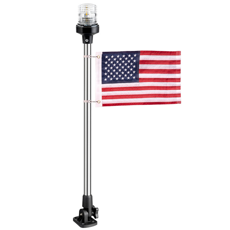 Young Marine 3 Nautical Mile White LED Fold Down Stern Light - All Round 360 LED, 12-24V (25" with Flag) for Pontoon & Fishing Boat Navigation