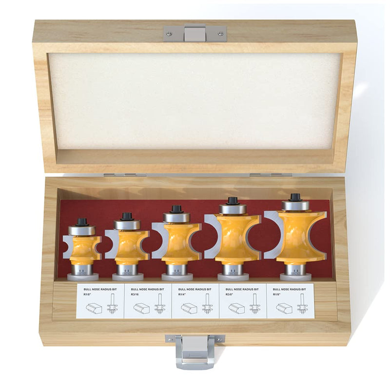 Fivepears 5Pcs Bullnose Router Bit Set 1/2 Shank, Bearing Half Round Router Bits for Woodworking, Carbide Tipped Edge Bits for Cutting Door Cabinet Shelve Table, Radius 1/8", 3/16", 1/4", 5/16", 3/8" 5 Bits Set - 1/2" Shank