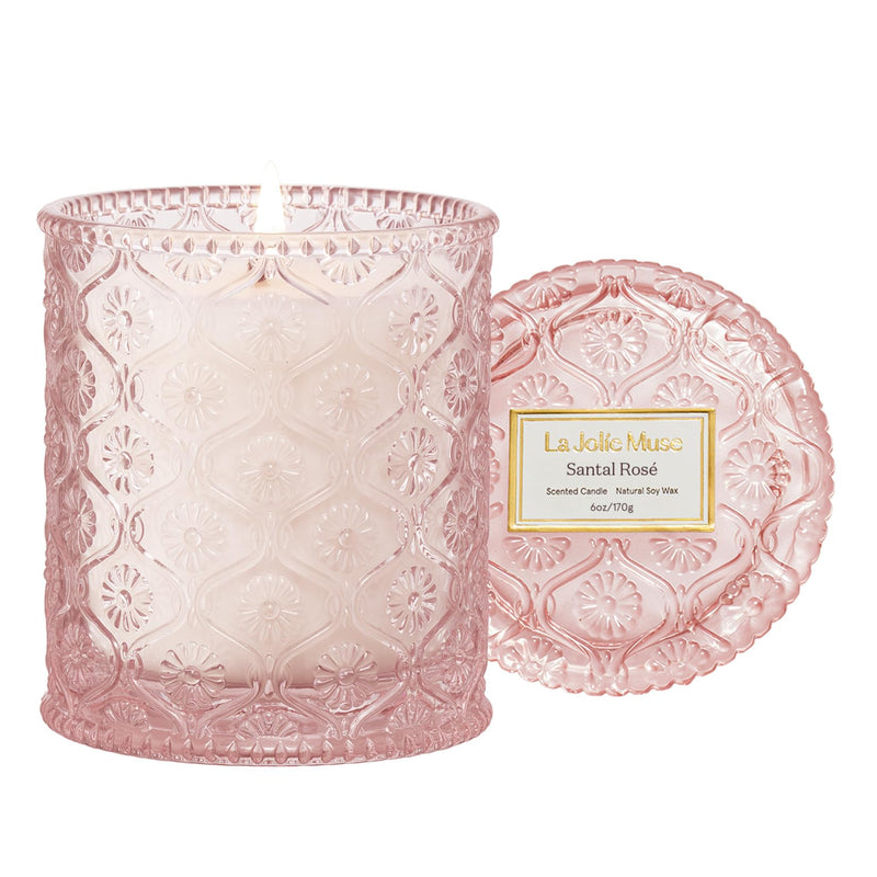 LA JOLIE MUSE Santal Rose Scented Candle – Saffron, Rose & Leather | 6 oz Natural Soy Wax | 40 Hours Clean Burn | Self Care Gifts for Women | Elegant Home Decor