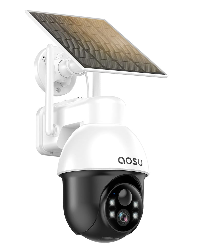 AOSU Solar Security Camera Wireless Outdoor with Panoramic PTZ, Human Auto Tracking, 2K Night Vision, Light and Sound Alarm, 2-Way Audio, Compatible with Alexa/Google Assistant Modern