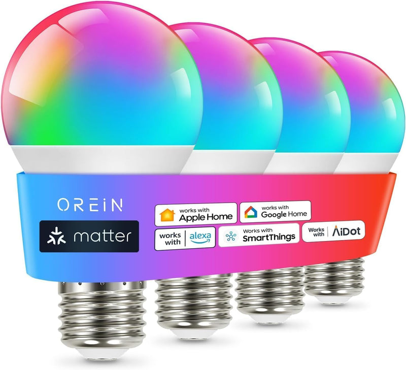 OREiN Matter Smart Light Bulb, Smart Light Bulbs Work with Apple Home, Alexa, Google Home, SmartThings, A19 Color Changing Light Bulbs 2.4Ghz WiFi, 800 Lumens Equivalent 60W 4Pack A19-4Pack