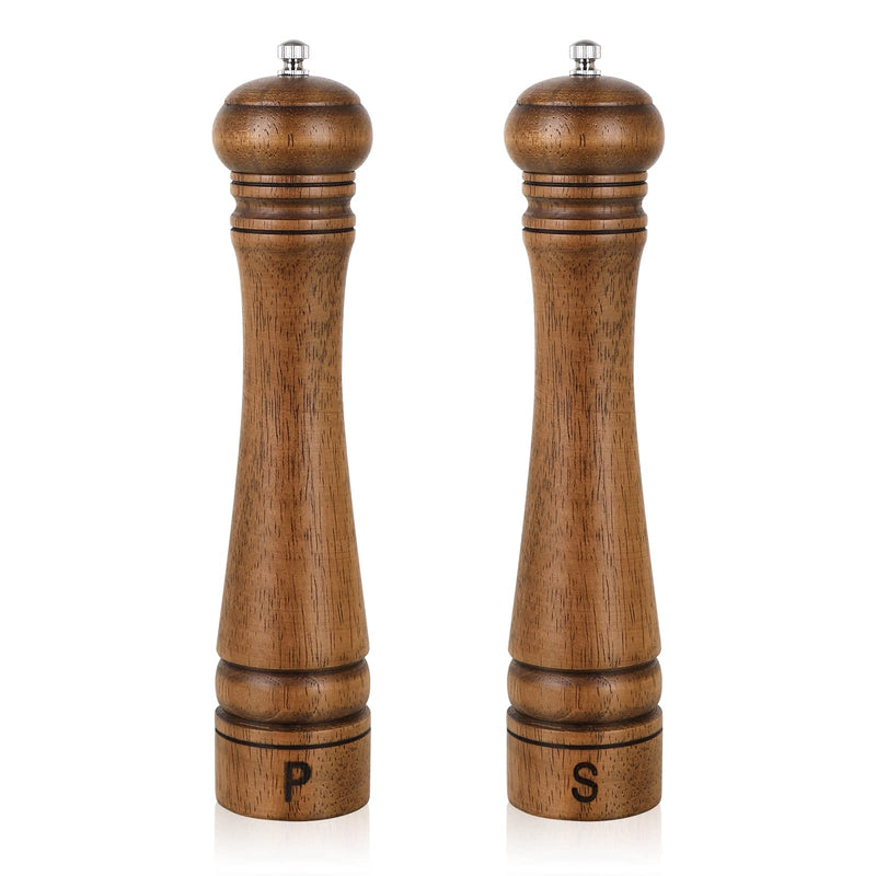 Pack of 2 Wood Pepper Grinder Set, 10 Inch Salt Mill And Pepper Grinder Set, Pepper Mill, Salt Shakers with Adjustable Ceramic Rotor - Oak Wood Pepper Grinder And Salt Mill for Your Kitchen 10 Inches - 2 Pack