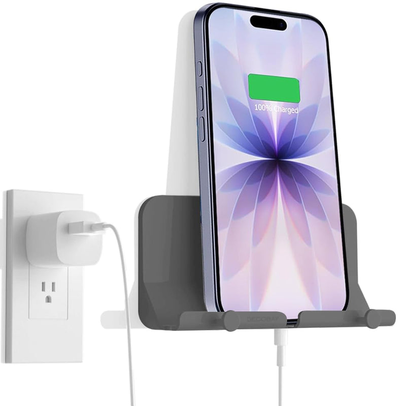 Wall Mount Phone Holder, D2 Hands-Free Adhesive Phone Holder with Cable Hole & Hooks, Wall Mounted Cell Phone Holder for Bathroom Kitchen Bedroom RV, Compatible with iPhone Smartphones (Grey) Grey