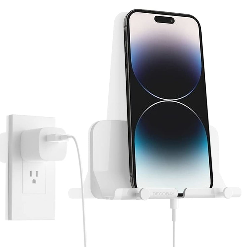 D2 Wall Mount Phone Holder, Hands Free Phone Holder with Adhesive and Data Cable Receiving Hole for Shower, Charging, RV, Compatible with iPhone, Smartphone Cables, Keys and More (White)