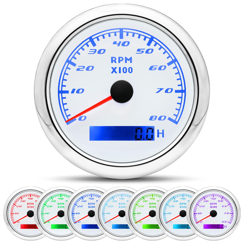 Tachometer Gauge 7 Color 0-8000 RPM Tacho Meter 85mm 3 3/8" for Auto Boat Marine Vehicle for 1-10 Cylinder Diesel and Gasoline Engine（White） White 8000RPM