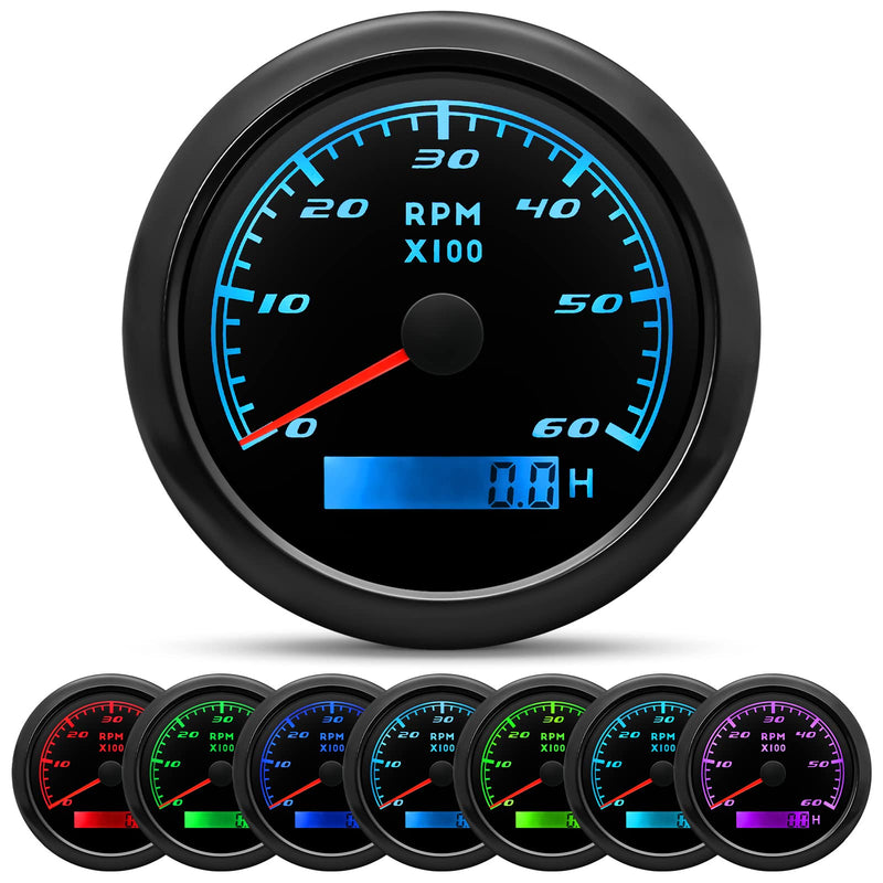Tachometer Gauge 7 Color 0-6000 RPM Tacho Meter 85mm 3 3/8" for Auto Boat Marine Vehicle for 1-10 Cylinder Diesel and Gasoline Engine（Black） Black 6000RPM