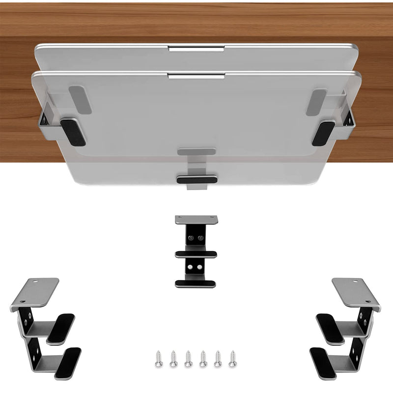 IFCASE 2 Tier Under Desk Laptop Mount, Double Decker Metal Under Desk Shelf Holder for Laptop, MacBook Pro, Keyboard with Anti-Scratch Silicone (Silver) Silver