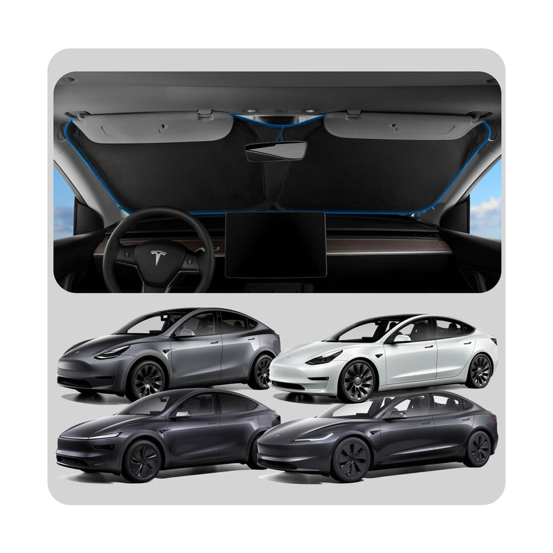 Spigen Front Windshield Sunshade for All Tesla Model Y & 3 2025/24/23 [Compatible with Model Y Juniper 2025/26 & Model 3 Highland 2024/25] (Triple-Coated with Reinforced Velcro Strap) Model 3/Y