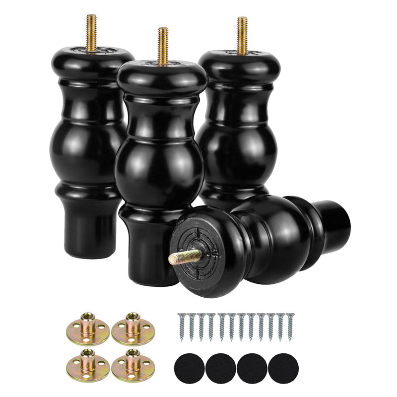 Maricome 6 Inch Wood Legs Set of 4 Furniture Legs Predrilled M8 Bolt Black Mid Century for Cabinet Dresser Ottoman Screw in 6 Inch Black Bun Style